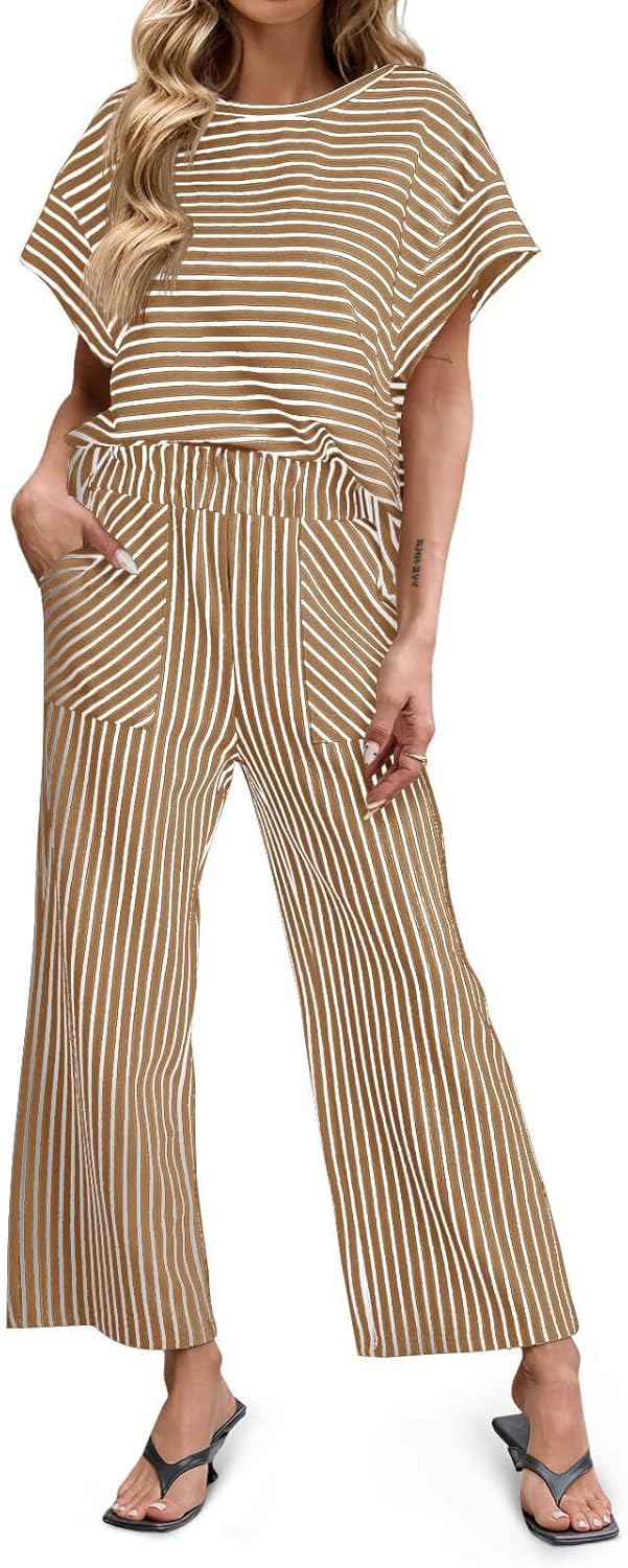 Tankaneo Womens Striped 2 Piece Sets Short Sleeve T Shirts Wide Leg Pants Matching Lounge Set with Pockets