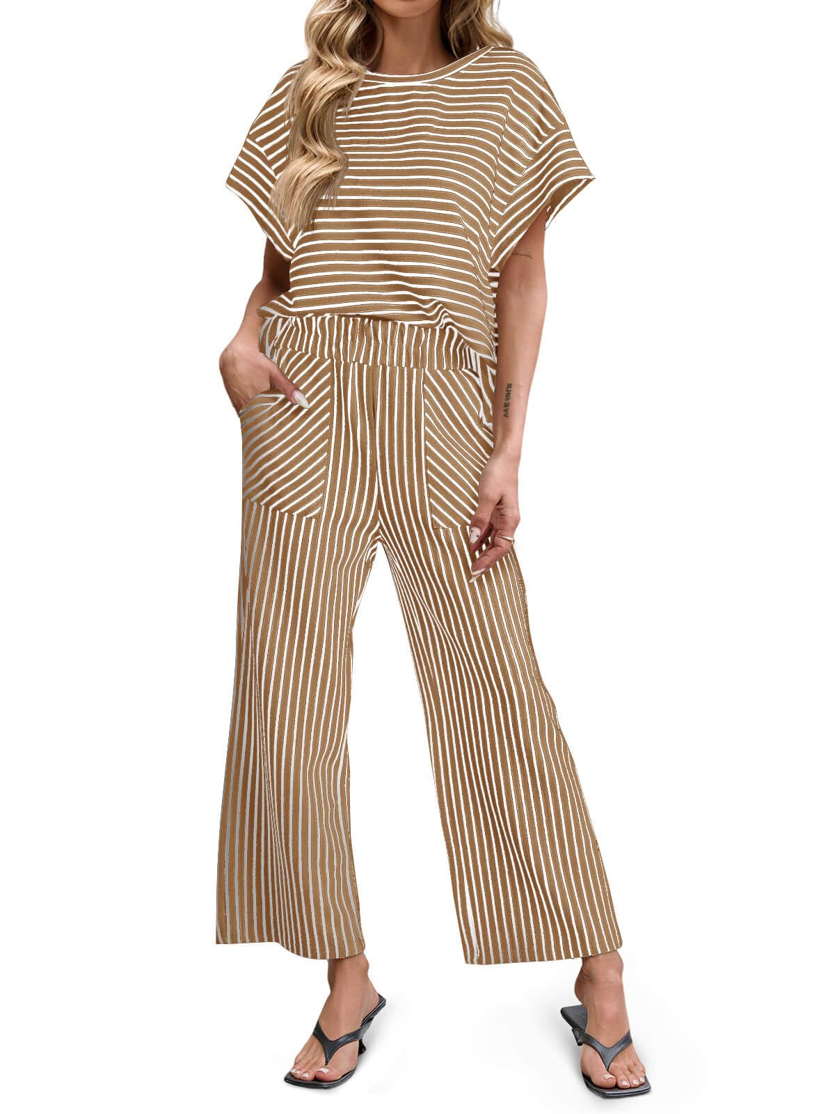 Tankaneo Womens Striped 2 Piece Sets Short Sleeve T Shirts Wide Leg Pants Matching Lounge Set with Pockets