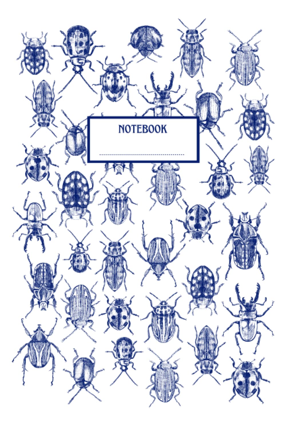 Notebook Beetles: Composition Notebook with Beetle Drawings - Lined Notebook 120 Pages 6x9 inch - Vintage Retro Style - Blue Ink Version