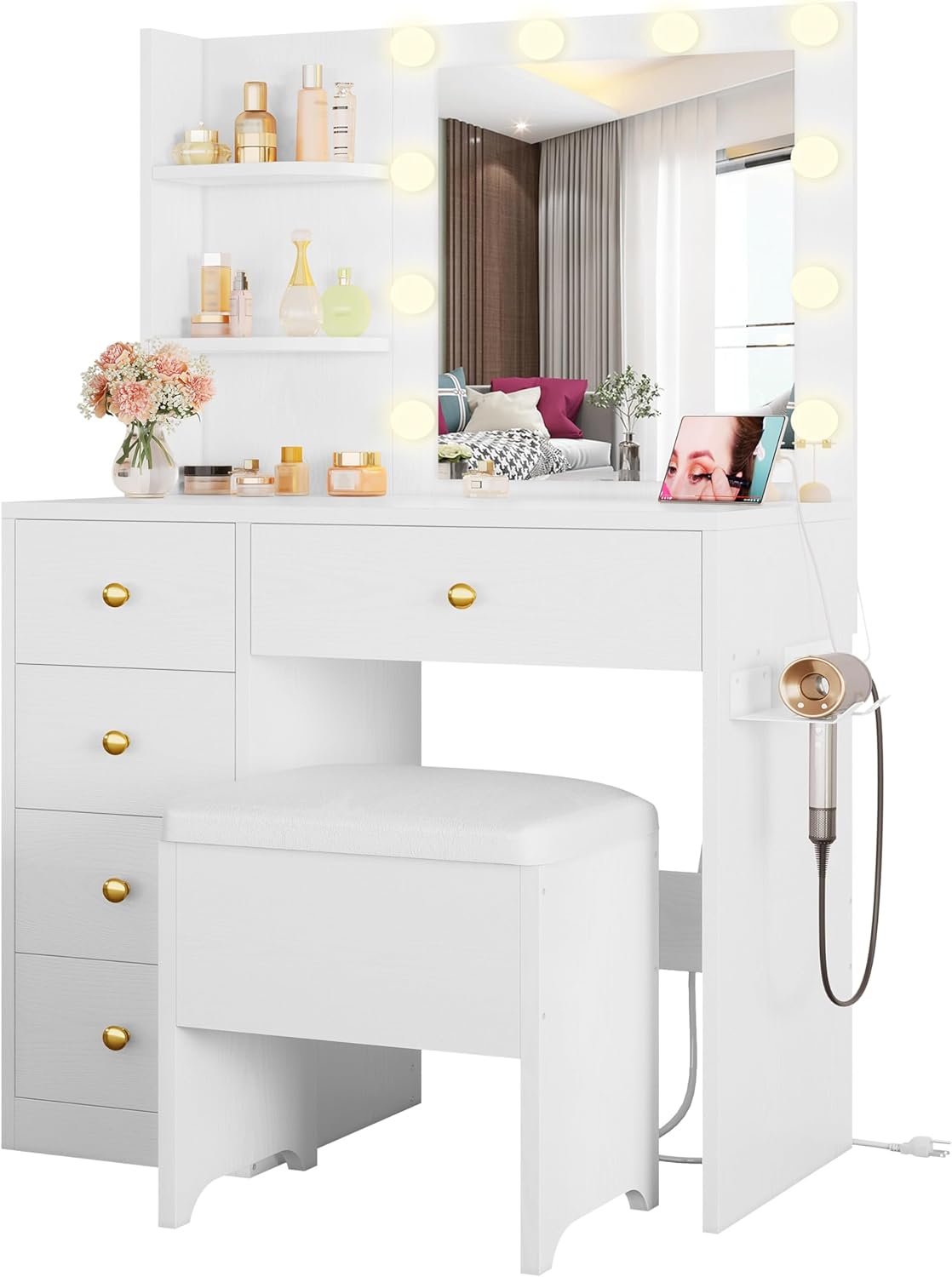 IRONCK Vanity Desk with Mirror and Lights, Small Makeup Vanity Table with 5 Drawers, Power Outlet, and Vanity Stool, 3 Lighting Colors, Dressing Table for Women Girls Bedroom, White IRONCK Vanity Desk with Mirror and Lights, Small Makeup Vanity Table with 5 Drawers, Power Outlet, and Vanity Stool, 3 Lighting Colors, Dressing Table for Women Girls Bedroom, White