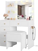 IRONCK White Vanity Desk with Lights & Mirror, Makeup Table with 5 Drawers, Power Outlet, Stool - Compact Bedroom Dressing Table