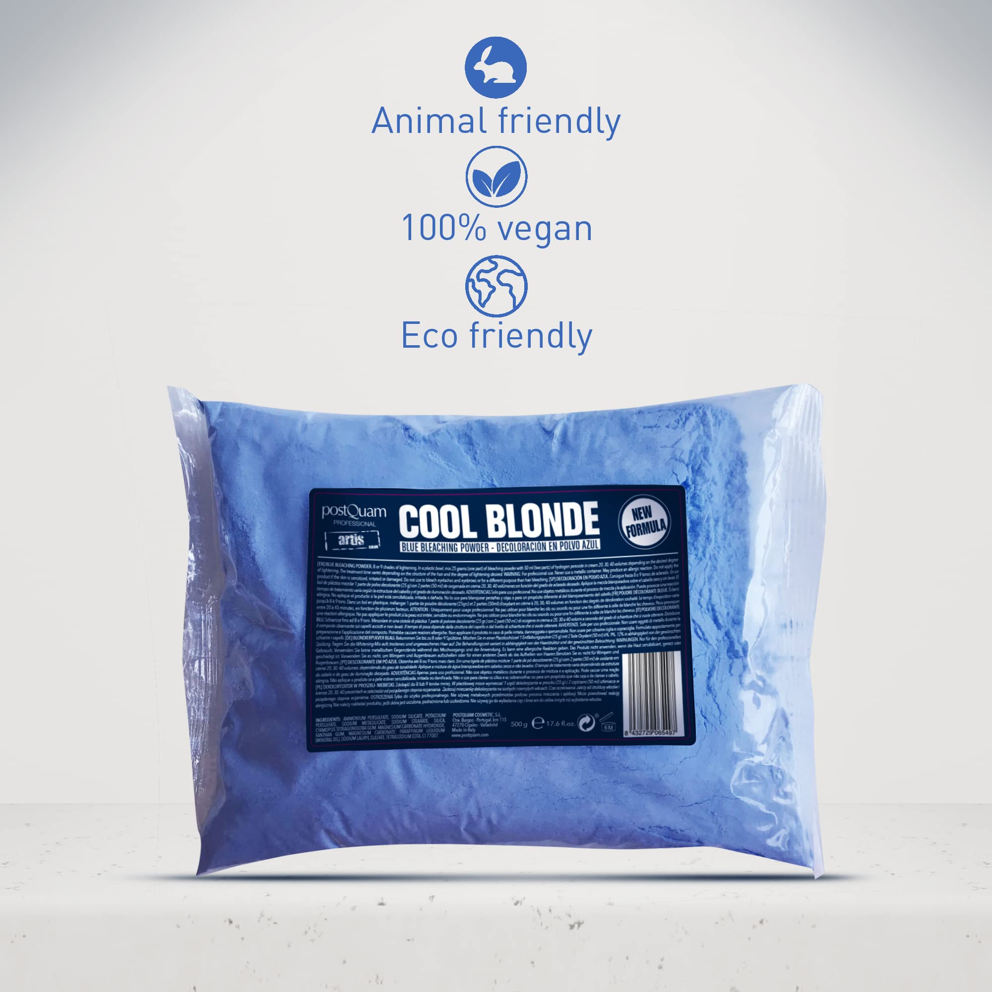 PostQuam - Polvo Decolorante Azul Cool Blonde - Pack 4x500g - Aclara hasta 9 Tonos - Decoloración Profesional para Cabello - Bajo Olor a Amoníaco - Polvo Microgranulado Compacto