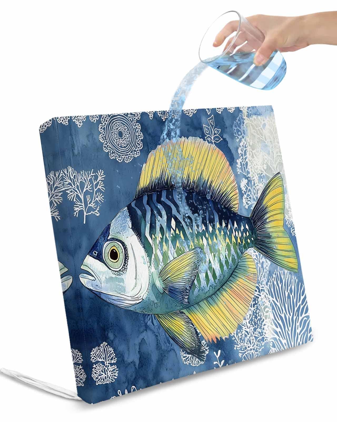 2 Pack Coastal Blue Yellow Fish Waterproof Cushion Covers with Ties, Outdoor Patio Chaise Lounge Chair Seat Cushion Slip Covers Replacement(Only Cover) Summer Ocean Coral Plant 22