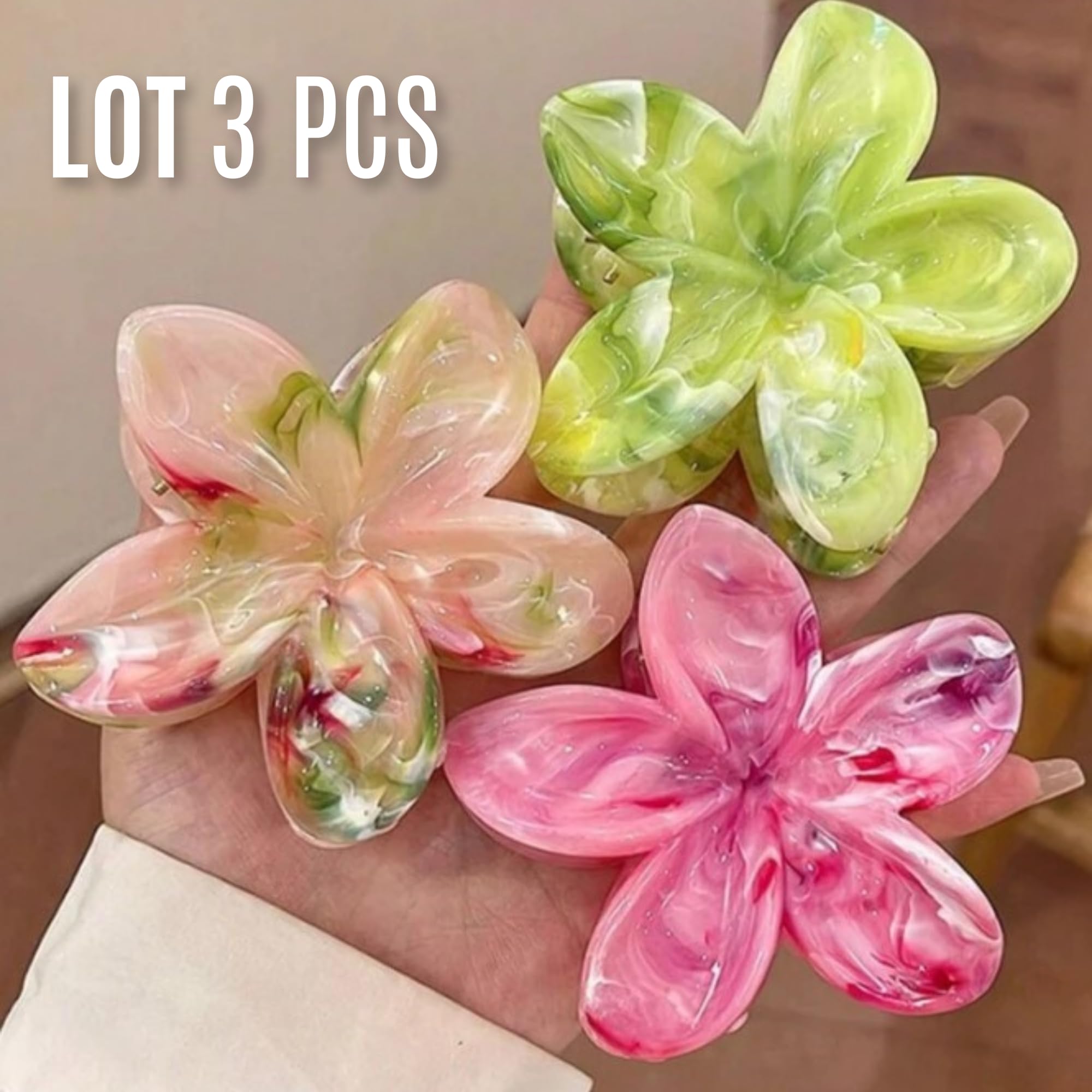 Set of 3 Large Hawaiian Flower Hair Clips 3 Colours, Pink, Pale Pink and Green Bohemian Chic Hair Accessories for Women - Image 3