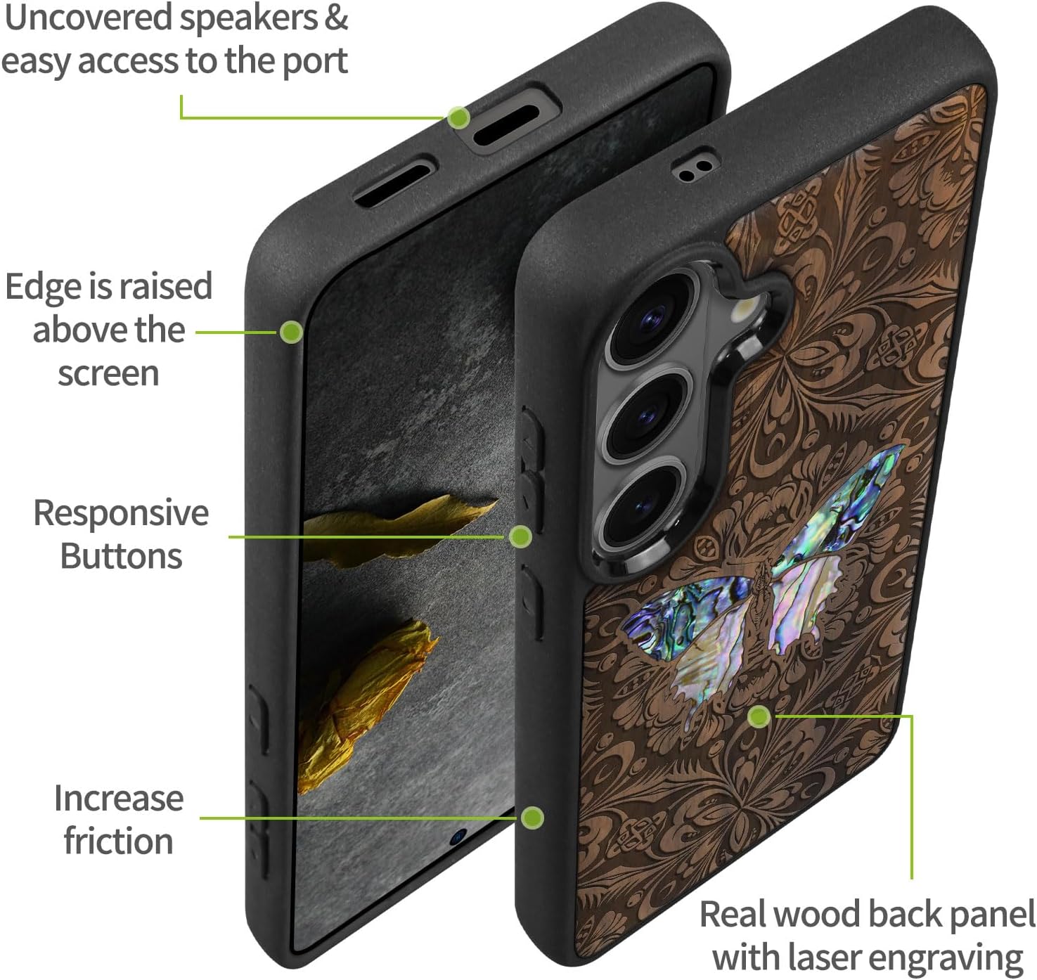 Carveit Magnetic Wooden Case for Galaxy S26+ / S26 Plus Case, Wood Artisan Engraved & Handmade Shell Inlaid, Compatible with MagSafe Wireless Chargers (Baroque Butterfly) Walnut