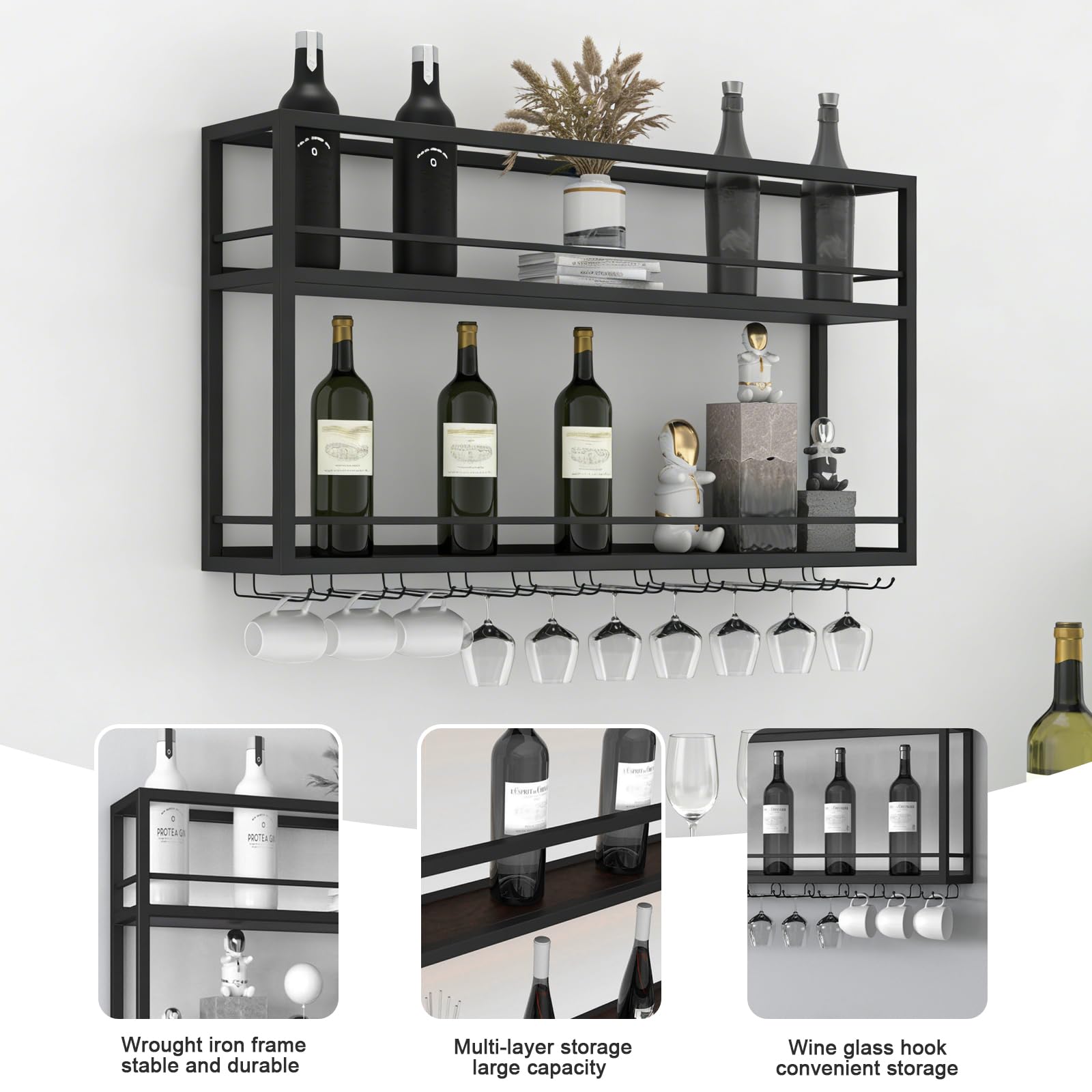 Botellero de Pared Industrial, Estante de Vino Decorativo con Portavasos para Copas, Soporte Para Botellas de Metal, Estante Multi Funcional para Vino para Hogar Bar Comedor Cocina (140×20×65cm)