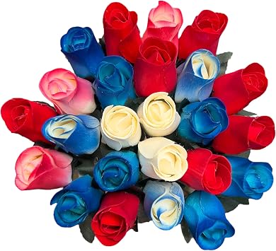 Bouquet of Two Dozen 24 Patriotic Red White and Blue Wooden Roses, Forever Lasting, Never Water, Weddings, Anniversaries, Gift, Assorted