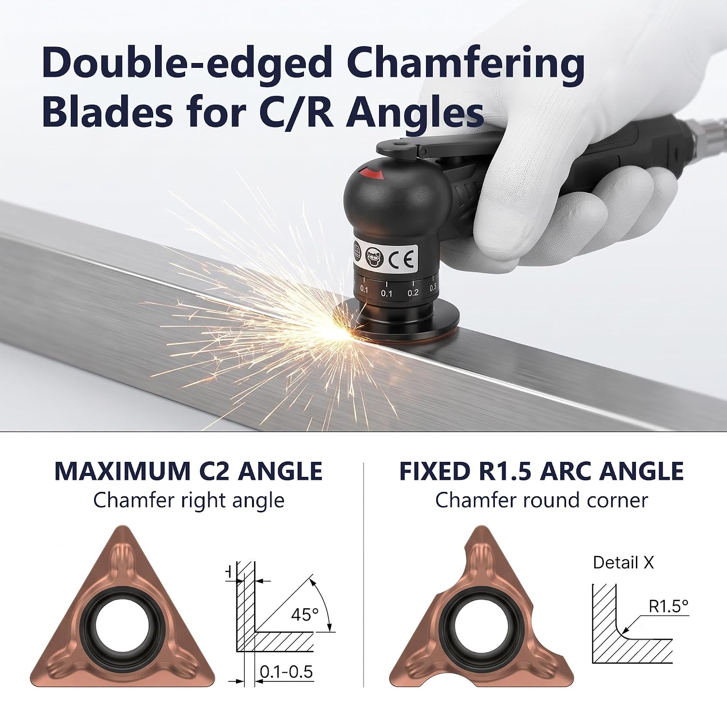 Handheld Pneumatic Chamfering Tool, Mini Air Chamfer Tool 45-degree 30000 RPM, 1/4 in PT Inlet, 12 C & 12 R Blades + 4 Bearings, Deburring Bevel Cutter for Metal, Wood, Acrylic