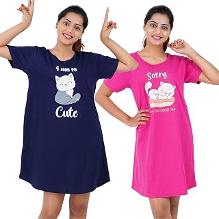 Buy That Trendz Printed Cotton Short Night Dress for Women 2 Pcs Combo Love Black Be Kind Navy Price In India