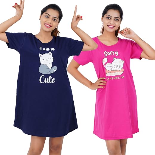 Buy That Trendz Printed Cotton Short Night Dress for Women 2 Pcs Combo Love Black Be Kind Navy