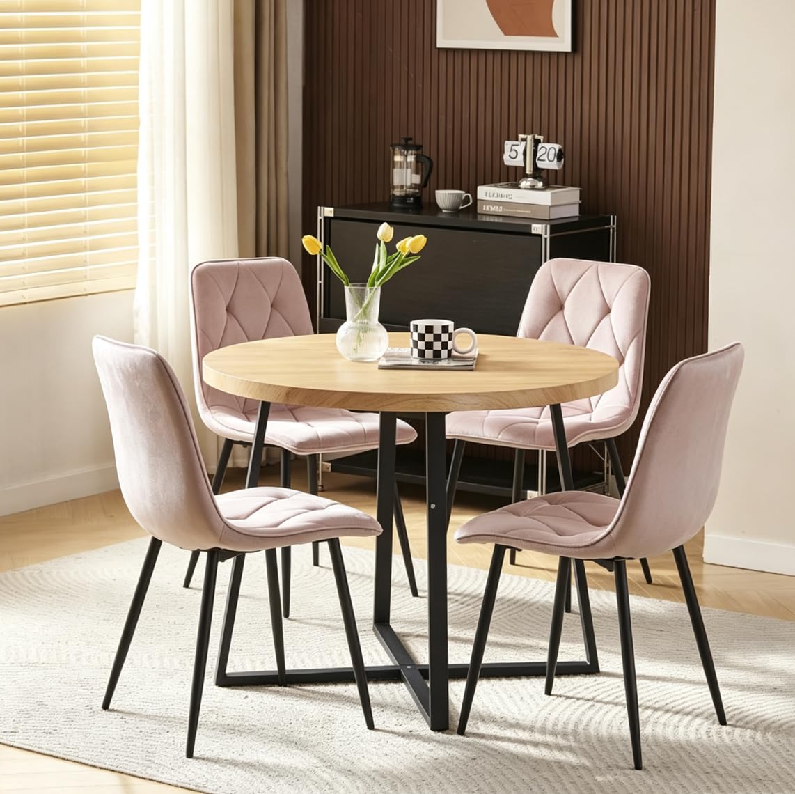 Menaka Round Dining Table and Chairs Set of 4 for Kitchen Diner, 5 Pieces Oak Wood Table with 4 Chairs for Compact Dinette Restaurant (4 argyle grid pink velvet chairs, 95cm Oak Table)