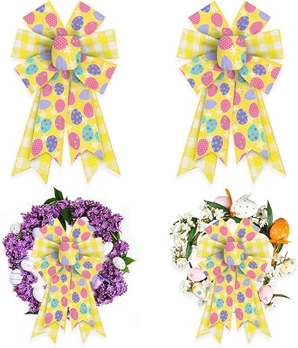 2 lazos de Pascua para corona, lazos de corona de Pascua, lazos de arpillera amarillos, lazos de huevos coloridos para puerta delantera, Pascua,