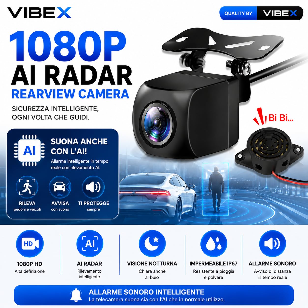 VIBEX Telecamera AI Posteriore AI 1080P | con Allarme Acustico SONORO| Compatibile con Autoradio Android e Monitor Auto | Impermeabile, Visione Notturna | Cavo 6 Metri