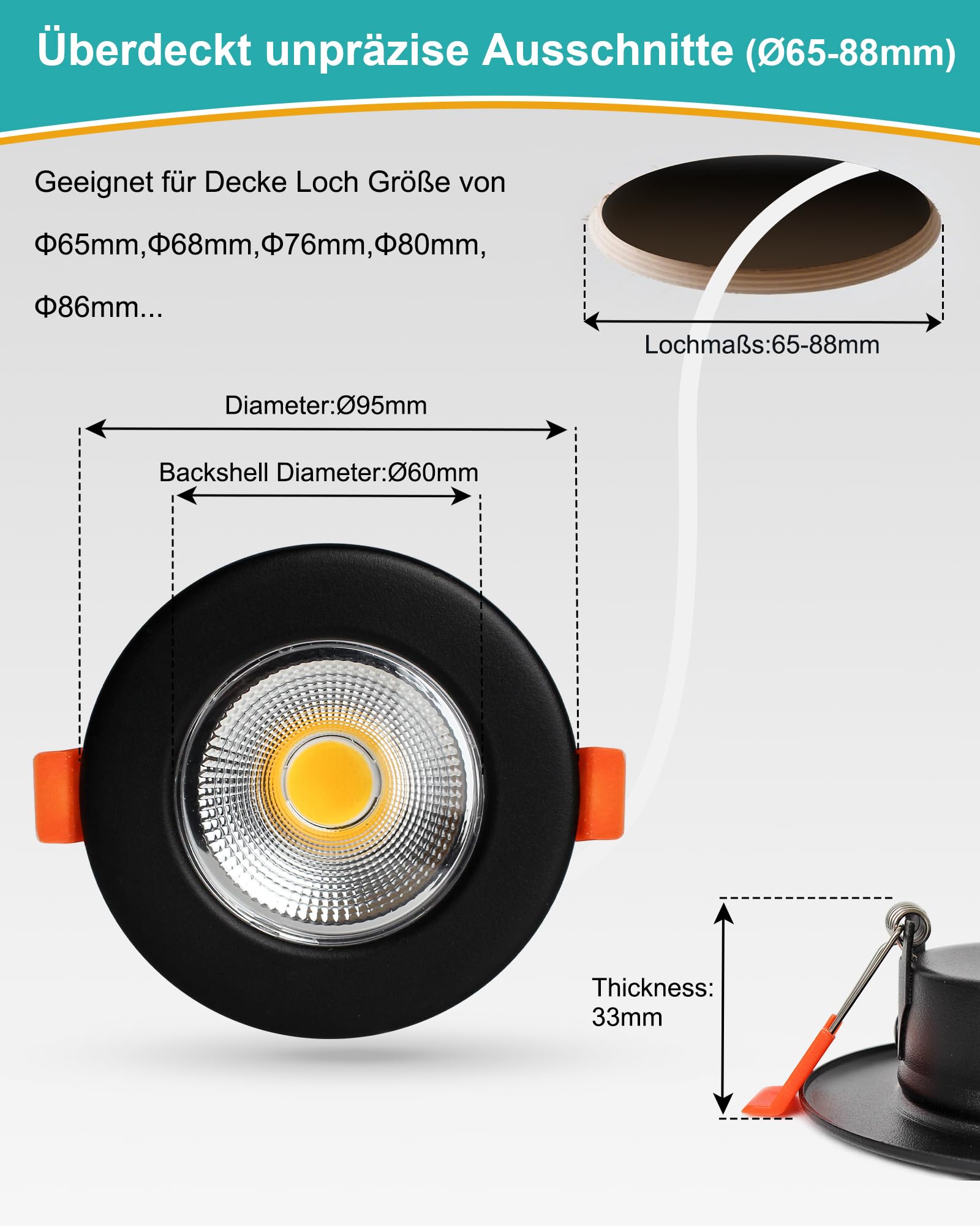HiBay 8er Einbaustrahler LED COB Dimmbar 7W LED Spot Schwarz Matt 65-85mm Lochmaß Deckenspots Warmweiß 3000K 600LM für Schlafzimmer Wohnzimmer Küche