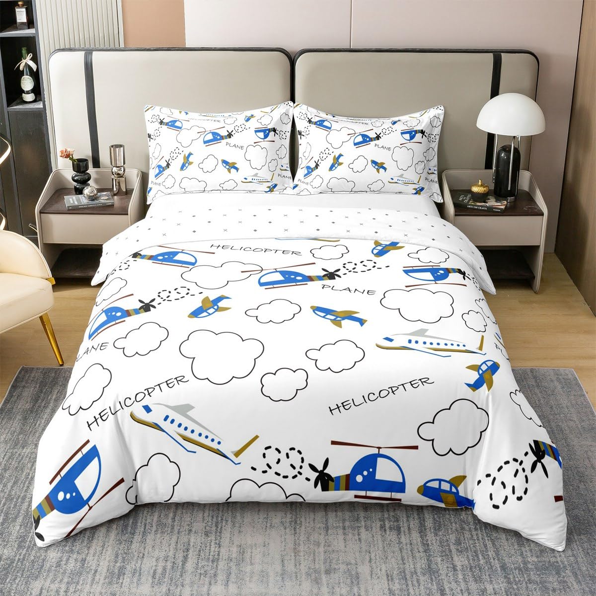 Homewish Śmigłowiec dziecięcy, 100% bawełna, poszewka na kołdrę, podwójna, samolot, mikrofibra, zestaw pościeli dla dzieci, chłopców, dziewcząt, samolot, poszewka na kołdrę do sypialni, samolotu