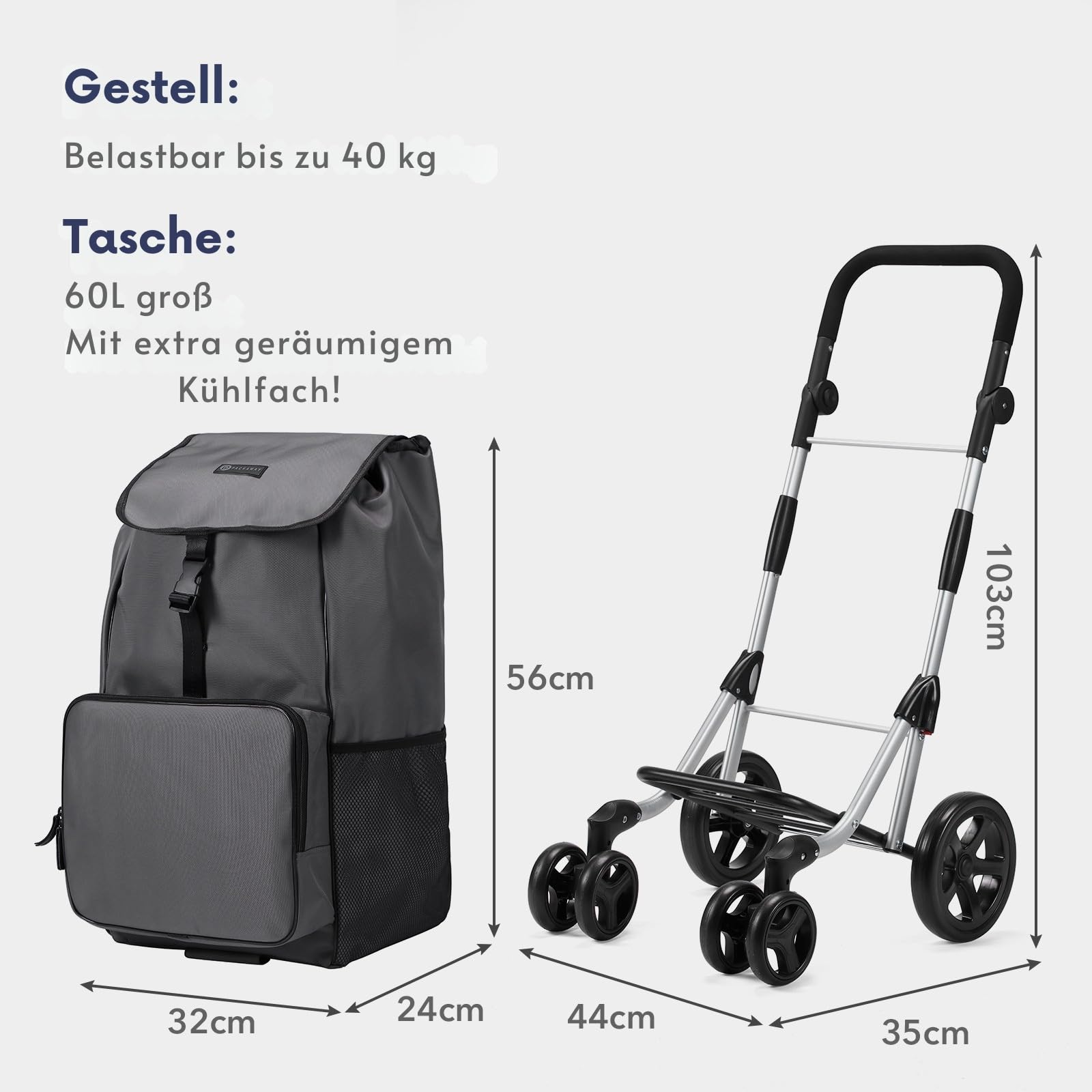 Packaway Einkaufstrolley mit 4 Rädern – Deluxe Einkaufswagen mit Kühlfach & verstellbarem Griff – 60 Liter – Grau – Faltbarer Einkaufsroller mit großer Tasche