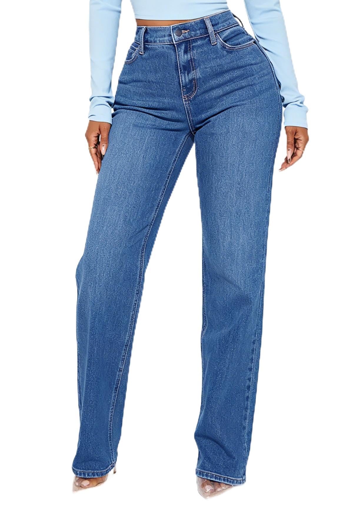 Straight Leg Jeans for Women High Waisted Wide Leg Stretchy Loose Denim Pants