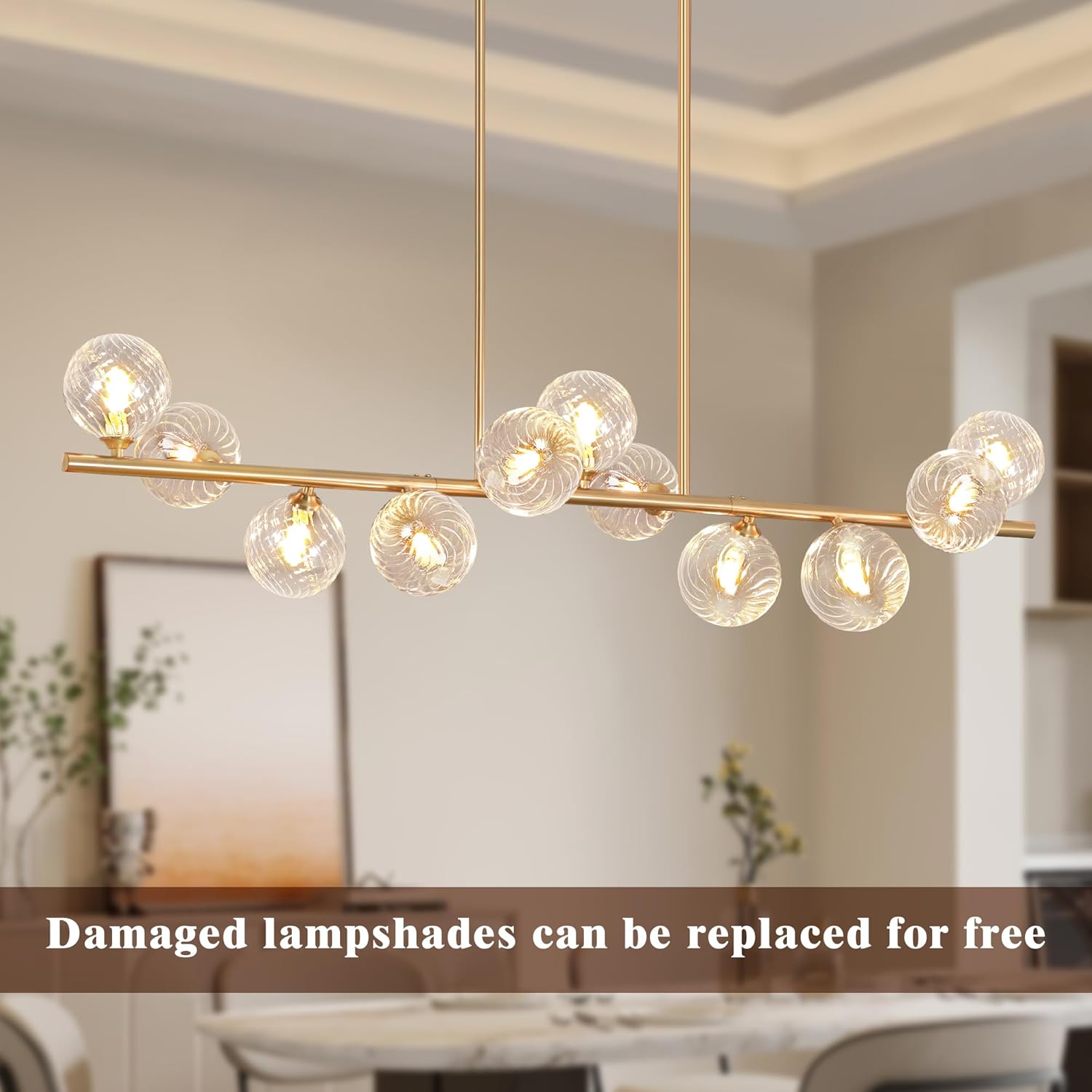 Linear Chandeliers for Dining Room 51" Gold Linear Pendant Light with Clear Swirled Globe Dining Chandeliers Over Table Rectangular Chandelier for Dining Room Kitchen Island, Copper Brass