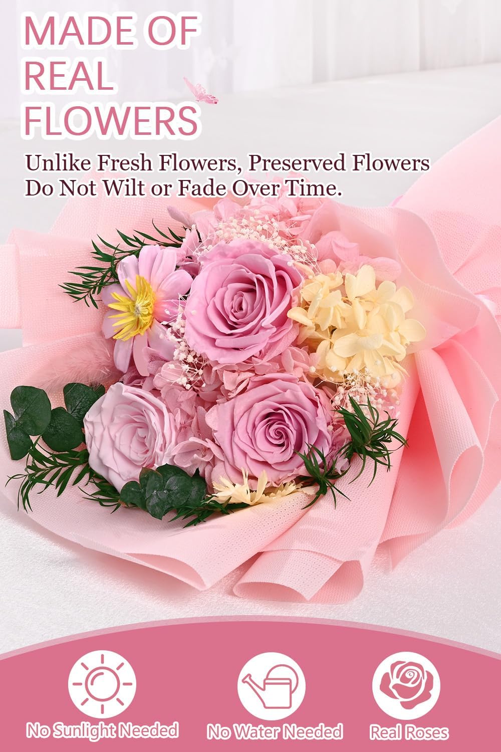 Yastouay Preserved Flowers for Delivery, Last 1-3 Years Flowers Bouquet, Pink Rose Forever Flowers with Gifts Box, Birthday Gifts for Women, Grandma Mom Birthday Gifts - Image 2