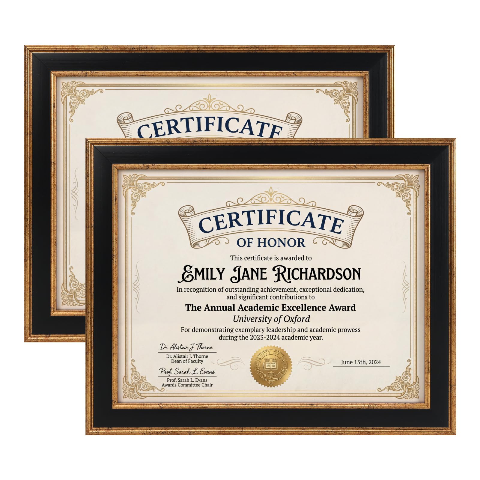 Cadre photo 21,6 x 27,9 cm noir or incassable pour certificat mural de lot de 2