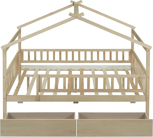 Miniatura 6 de Cama de casa matrimonial para niños, cama Montessori de tamaño matrimonial con 2 cajones de almacenamiento, barandillas y techo, cama de