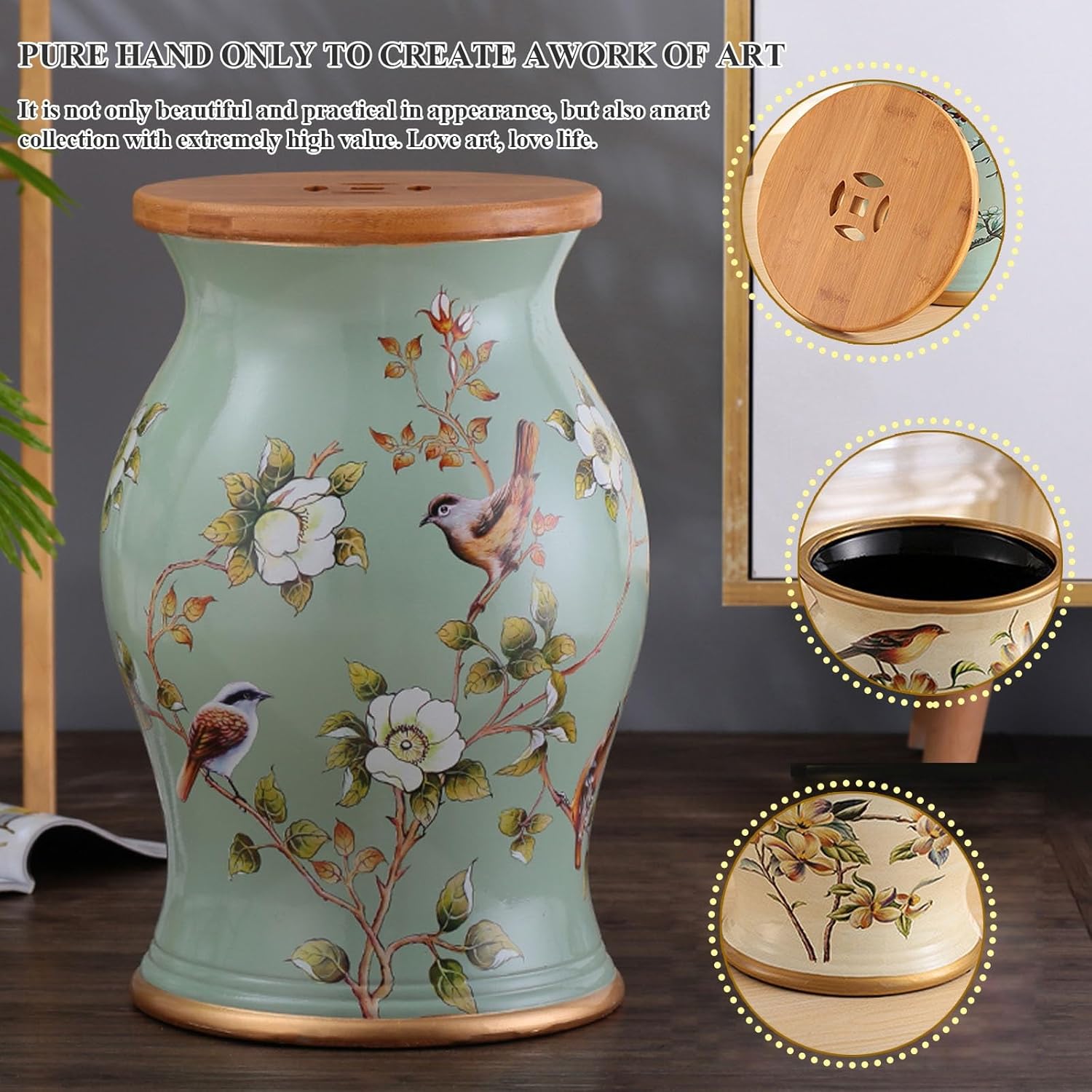 Glazed Ceramic Garden Stool - Hand-Painted Stool Chinese Style Drum Side Table for Cottage, Bathroom, or Porch(I)