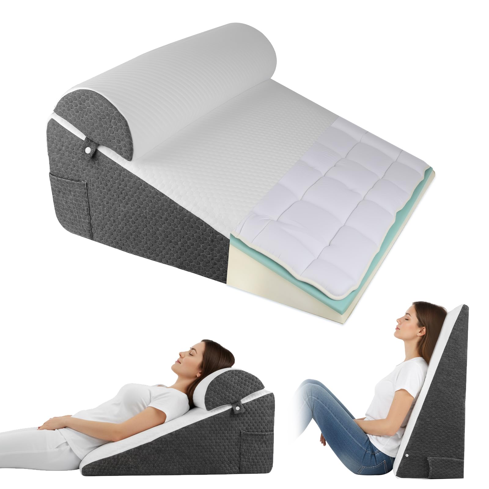 Cuscino a cuneo, 3 strati con cuscino morbido, cuscino da lettura per letto e divano, cuscino in schiuma reflusso, schienale per apnea del sonno, lettura, sollevamento del sonno, cuscino per gambe