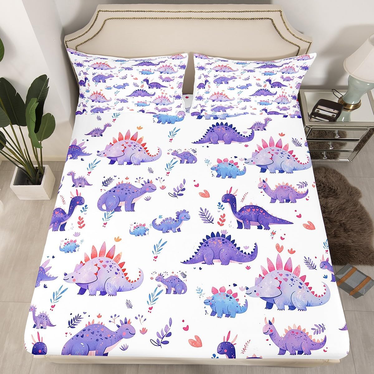 Erosebridal Cartoon Dino Fitted Sheet Full Size Dinosaur Bed Sheets for Kids Boys Girls Cute Dinosaurs Sheets Purple Wild Animals Bedroom Decor Kawaii Bed Set