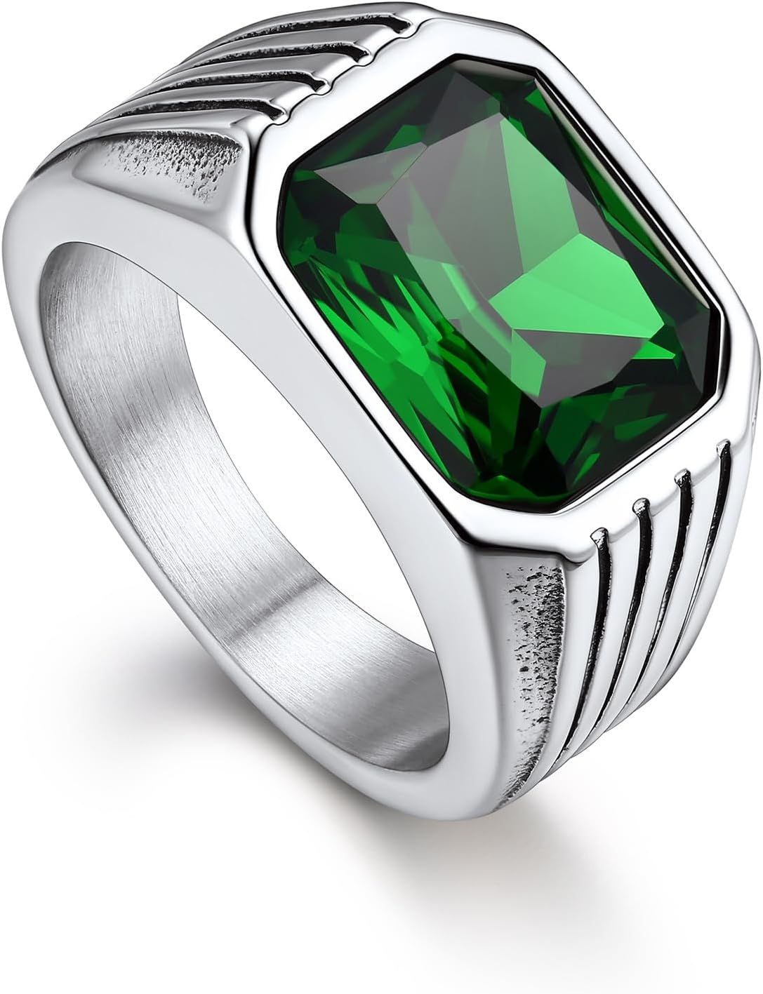 Bandmax Gemstone Signet Rings for Men, Stainless Steel Fancy Cut Cubic Zirconia Rings Blue Topaz/Emerald/Black Onyx/Ruby Ring Statement Ring Wedding Ring Size 7-14