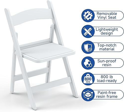 Miniatura 3 de Sillas plegables de resina blanca, sillas apilables con asientos acolchados, capacidad de peso de 800 libras, silla cómoda - Sillas plegables para
