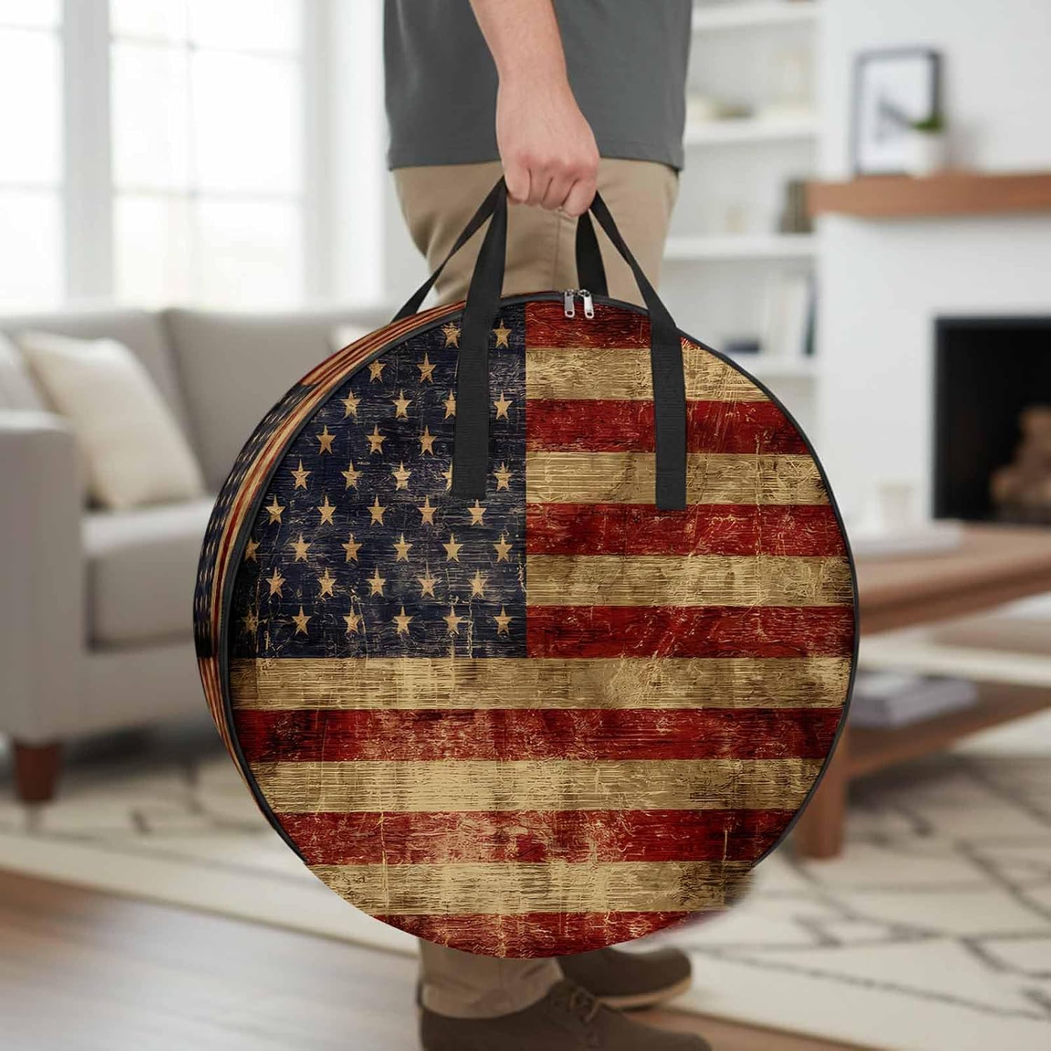 Vintage USA Flag Round Storage Bag 36 Inch, Wood Grain Texture Patriotic Independence Day Clothes Storage Container with Handles Heavy Duty Organizer for Comforter, Bedding & Holiday Wreaths