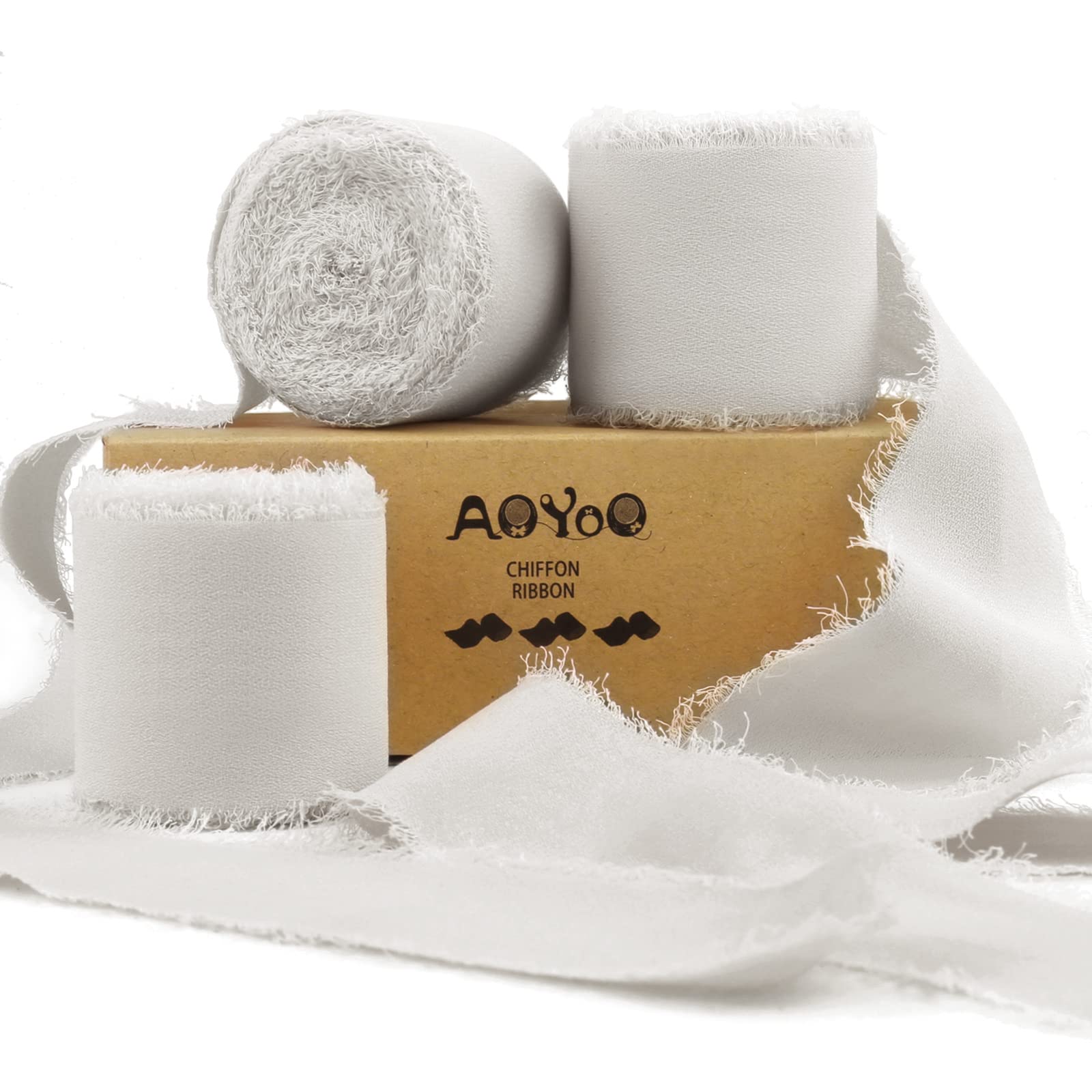 AOYOO 3 Rolls Handmade Fringe Chiffon Silk Ribbon 1.5" x 7Yd White Ribbons Set Perfect for Wedding Invitations, Bridal Bouquets, Gifts Wrapping, DIY Crafts