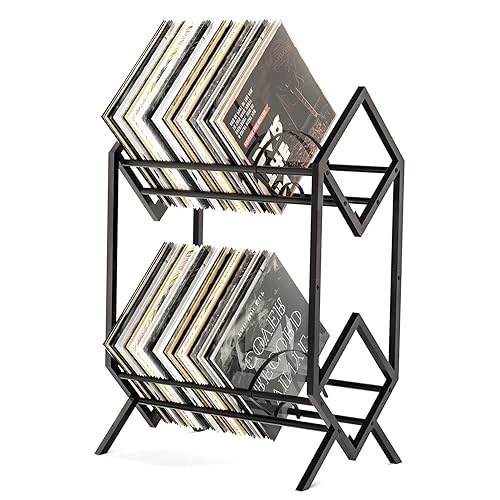 RUILALIFE 2-Tier-Vinyl-Record-Storage-Holder With Dividers, 200 LPs Albums Storage Rack Shelf, Steel Music Records Display Shelf Organizer For Book, Magazine, Files