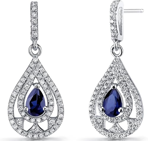 Peora Aretes colgantes de zafiro azul con forma de lágrima de zafiro azul, plata de ley 925, forma de pera total de 1 quilate, 0.236 x 0.157 in,