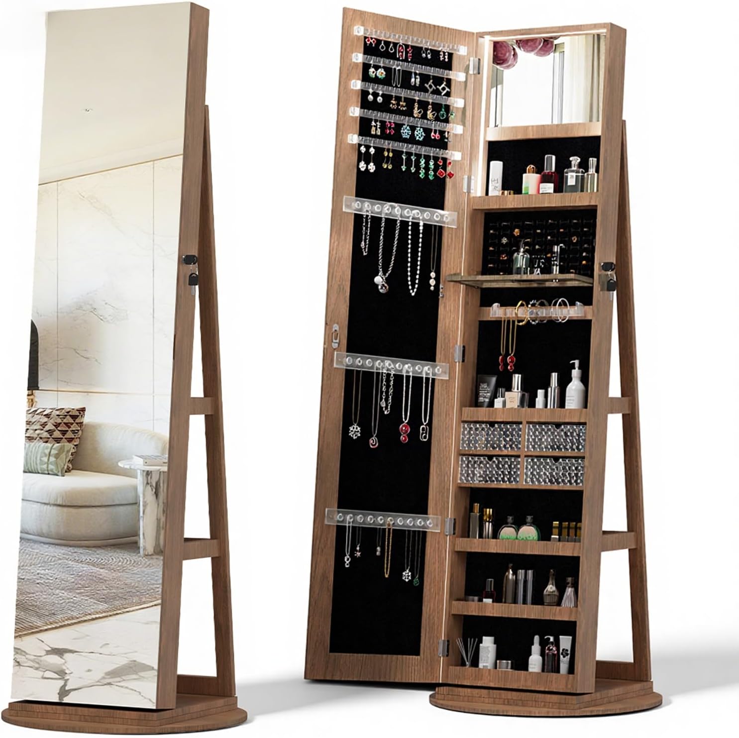 360° Swivel Jewelry Armoire with Full-Length Mirror, Lockable Standing Jewelry Organizer Cabinet with Back Storage Shelves & Interior LED Mirror, Jewelry Mirror Vanity Organizer (1, Walnut, 62.3 Inch)