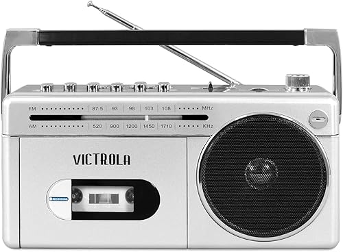 Miniatura 2 de Victrola VBB-25-SLV Mini Bluetooth Boombox con reproductor de casete, grabadora y radio AMFM, plateado