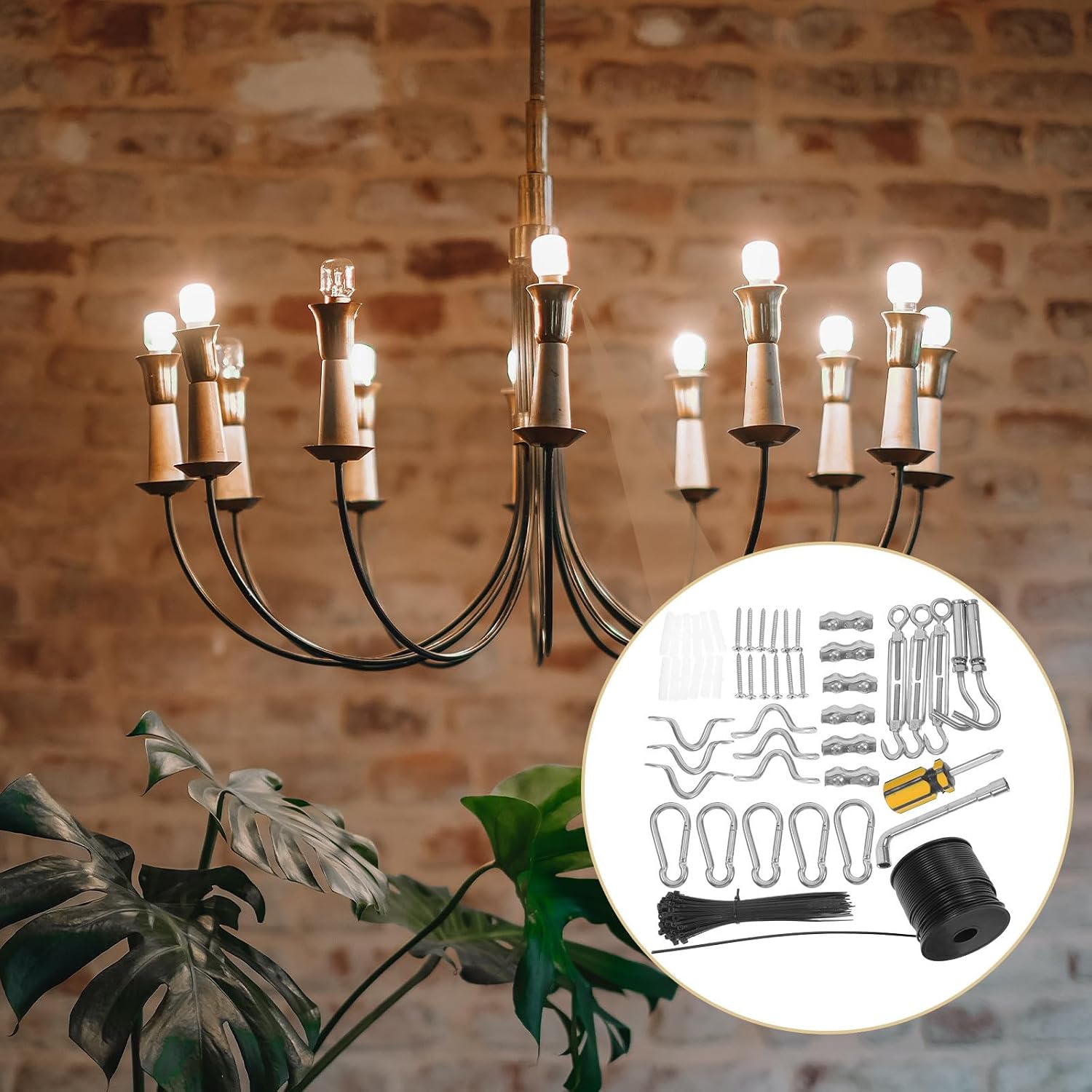 String Light Hanging Kit Hooks Stainless Steel with Adjustable Length and Weather Resistant Features, Includes Turnbuckle and Accessories for Indoor and Party Decorations