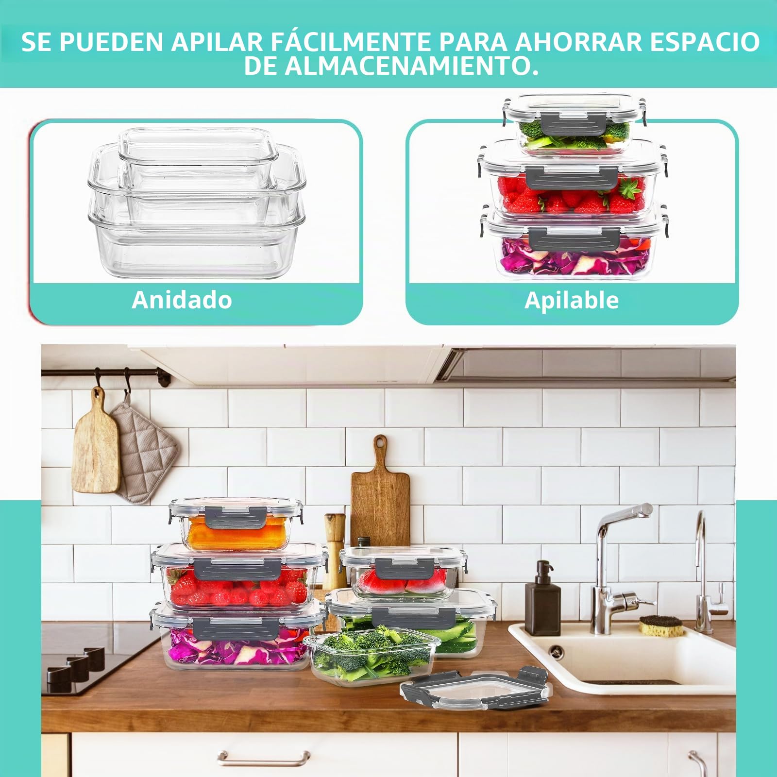 Skroam Paquete de 10 recipientes de vidrio para preparación de comidas, recipientes de almacenamiento de alimentos con tapas de cierre a presión, cajas Bento herméticas para microondas, horno