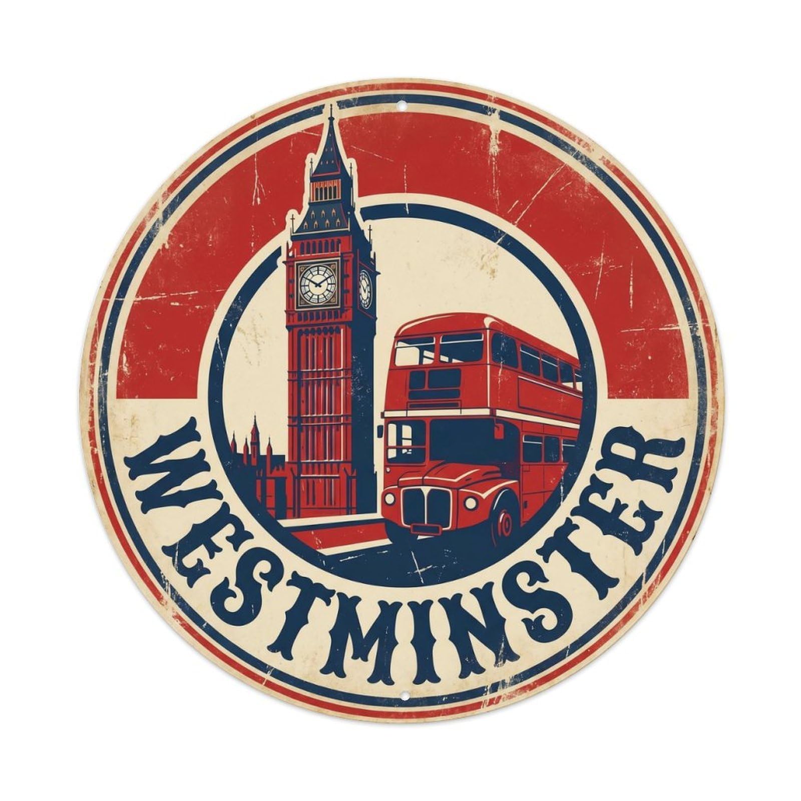 Vintage Travel Big Ben Westminster Clock Metal Tin Sign Plaque Wall Decor for Cafe, Club, Garden Round Metal Poster 8x8Inch