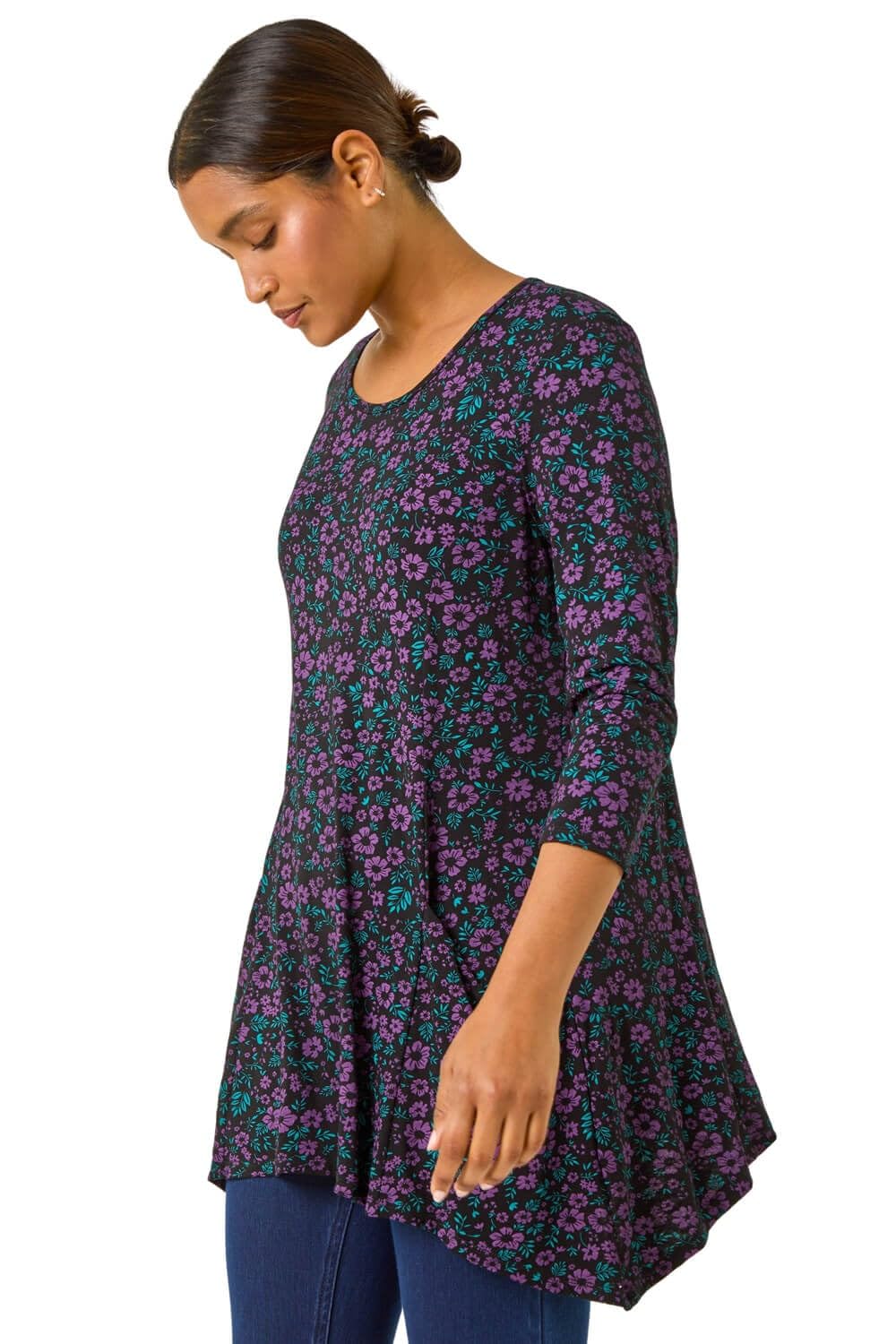 Roman Originals Women's Purple Green Swing Top With Pockets For Uk Hanky Hem Asymmetric Tunic Blouse Longline Long Stretch Jersey Casual Round Necktee Shirt T-Shirt