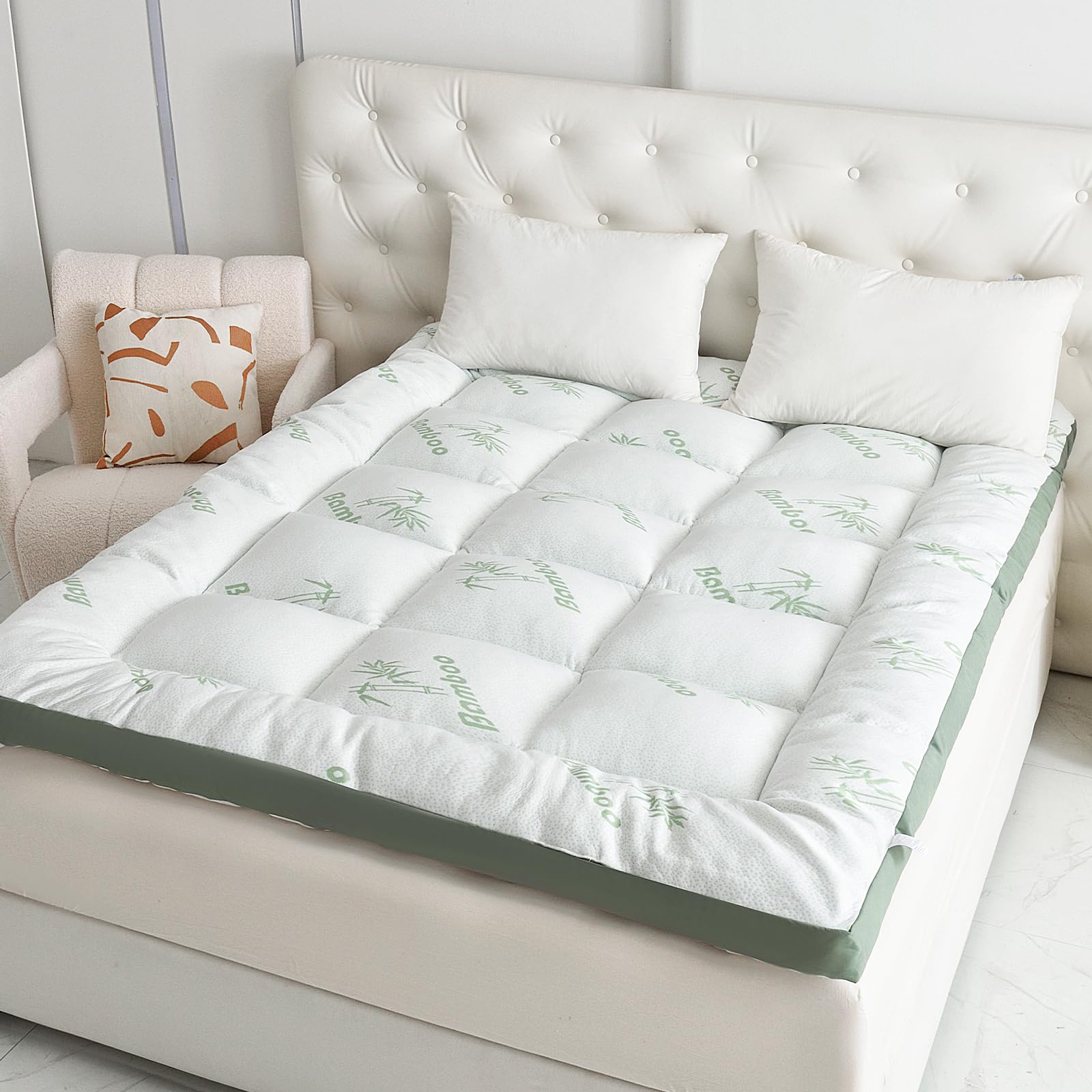 Wamhotter Mattress Toppers - Thicken Soft Sleeping Mattress, Breathable Pillow Top Mattress Pad for Back Pain Relief (White-cooling, Double)