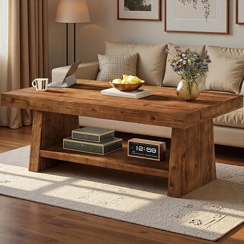 Miniatura 3 de Mesa de centro de madera maciza, mesa de centro de madera rústica de 47 pulgadas para sala de estar, mesa central rectangular de 2 niveles con