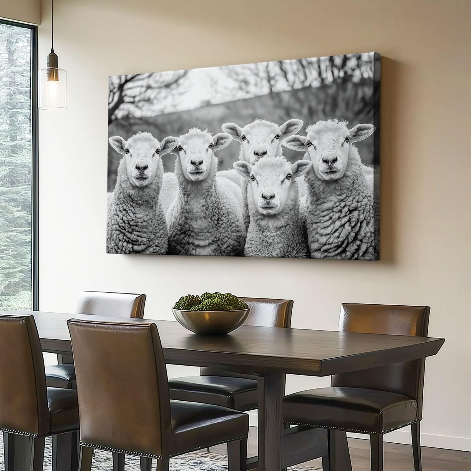 Quadro su Tela per Arredamento casa, Moderno, Bianco e Nero, per Bagno e Ufficio, con Dipinti e fotografie di Pecore, Stampa Artistica 100L x 50W cm