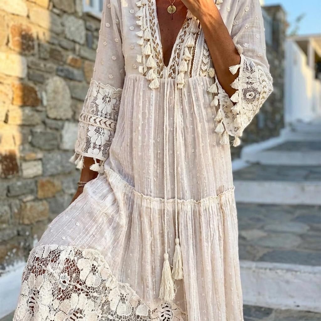 Robe Maxi Bohème à Fleurs et Dentelle Femme, Robe d'Été Col V Manches 3/4 Robe Plage Swing avec Franges et Détails de Crochet