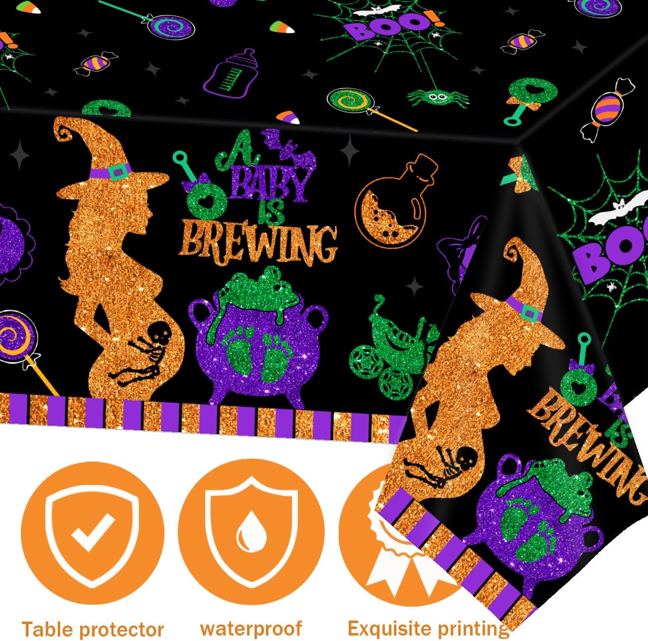 Halloween Baby Shower Decorations 3 Pack Halloween Baby Shower Tablecloths A Baby is Brewing Disposable Plastic Table Cover for Boy and Girl Gender Reveal Party Supplies108 x 54 Inches