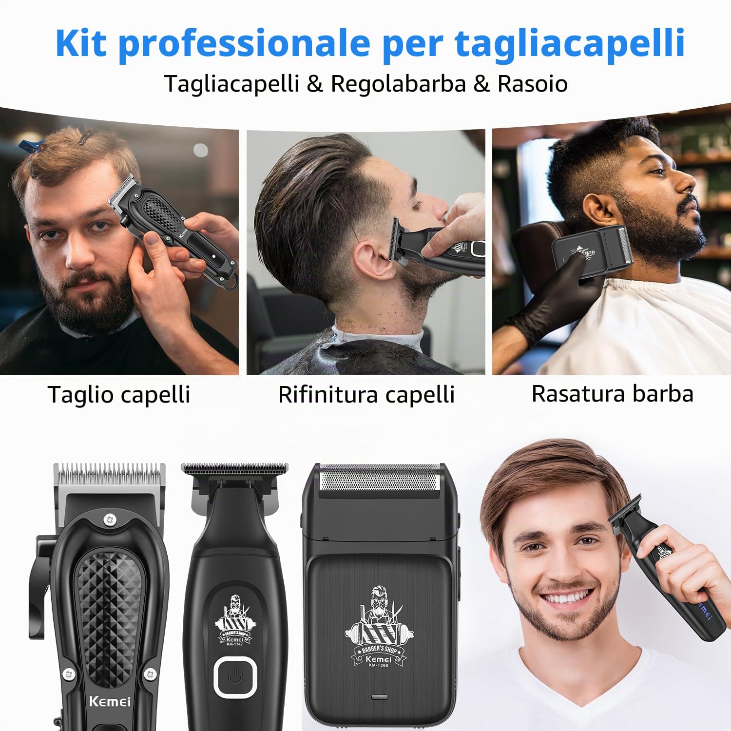 KEMEI Tagliacapelli professionale da uomo, senza fili, con 9 pettini guida