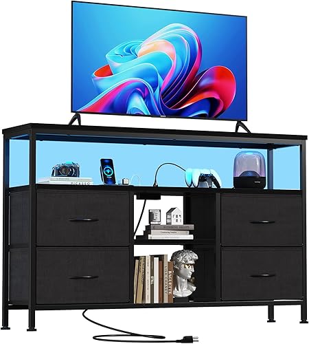 Miniatura 9 de Sweetcrispy Mueble de TV Cómoda para dormitorio, centro de entretenimiento con 4 cajones, con luces LED y tomas de corriente, consola multimedia