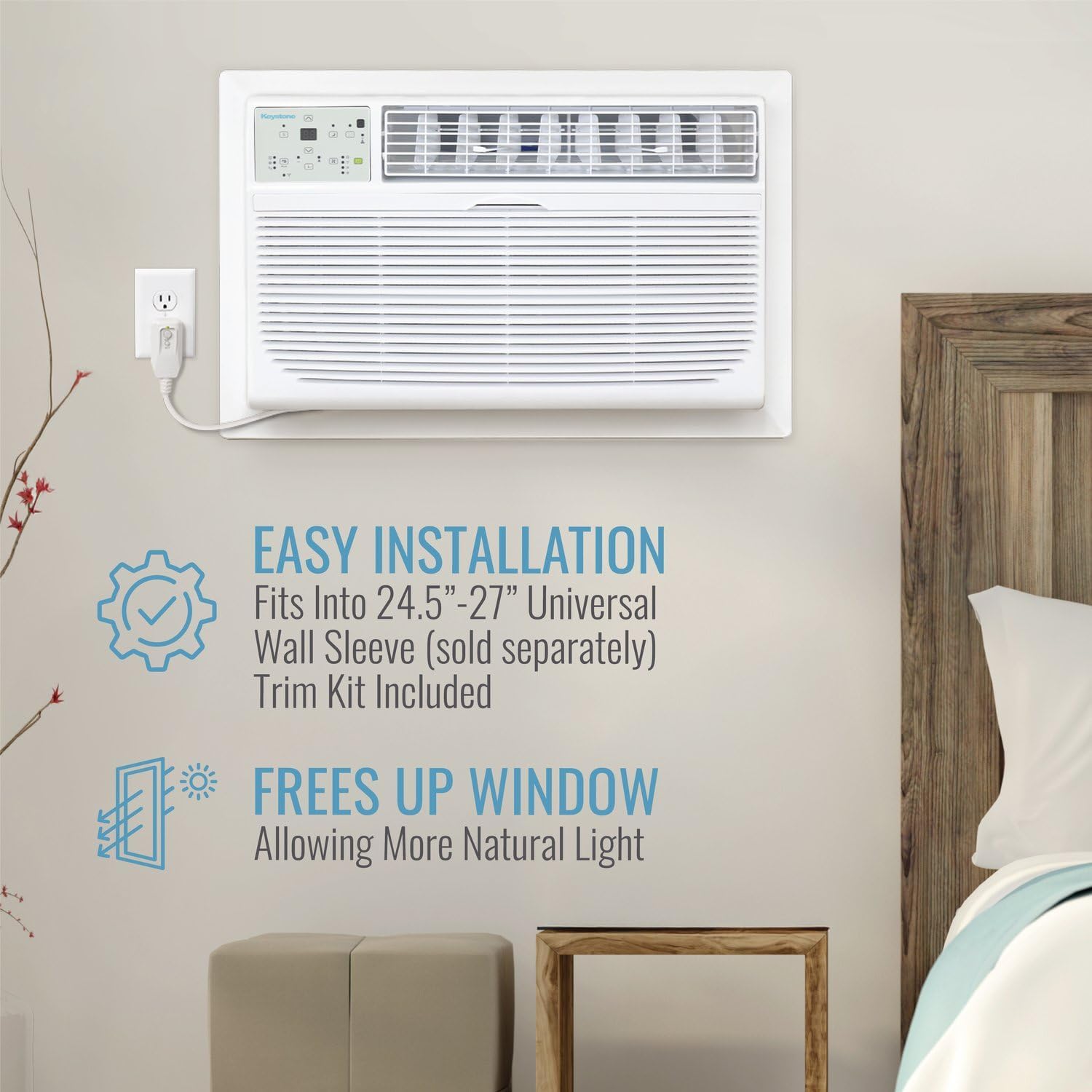 Keystone 8,000 BTU Wall Mounted Air Conditioner and Dehumidifier, 115V, Wall Unit for Bedroom, Bathroom, Small-Medium Sized Rooms up to 350 Sq.Ft., Quiet, High Efficiency Wall Mounted AC Unit, White