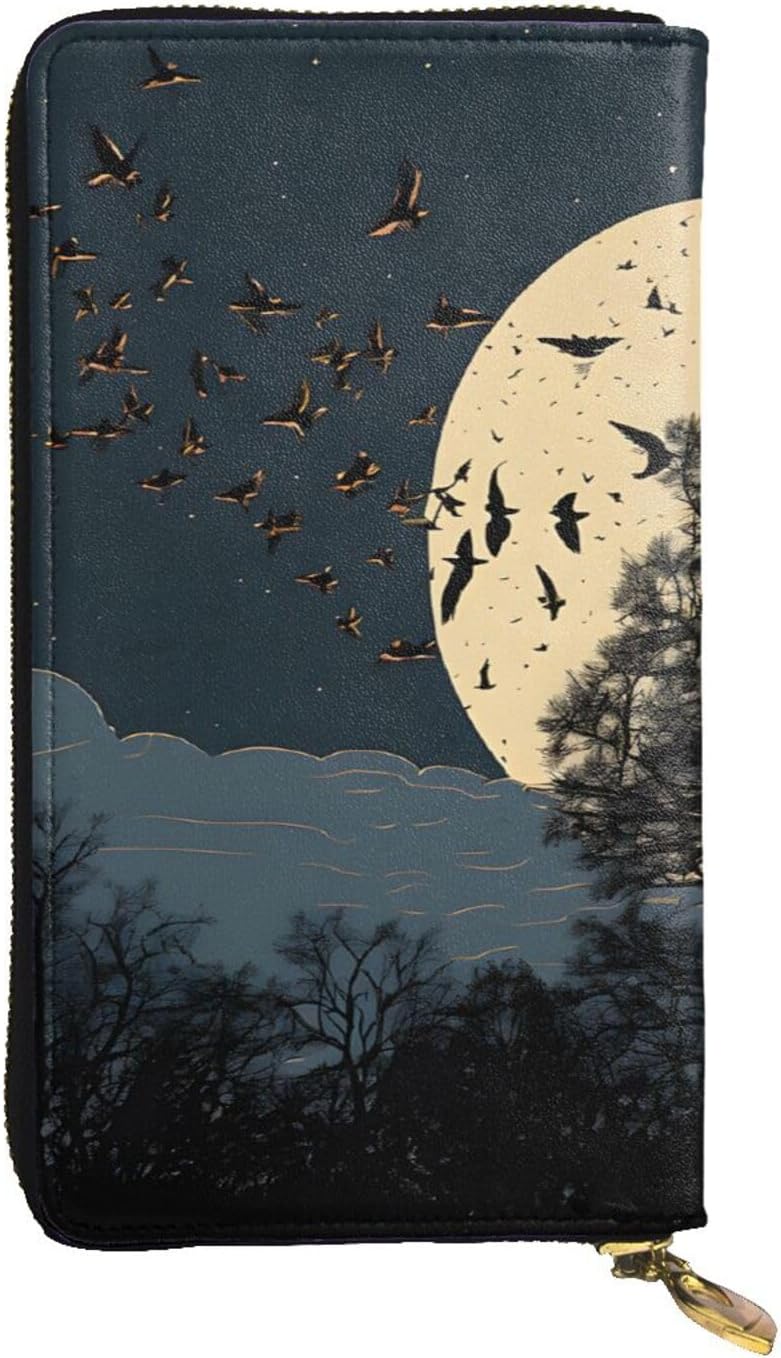 Ultra Fiber Leather Long Handheld Night Crow Print Wallet, Suit For Daily Use By Men And Women, Can Store Banknotes, Credit Cards, Coins.