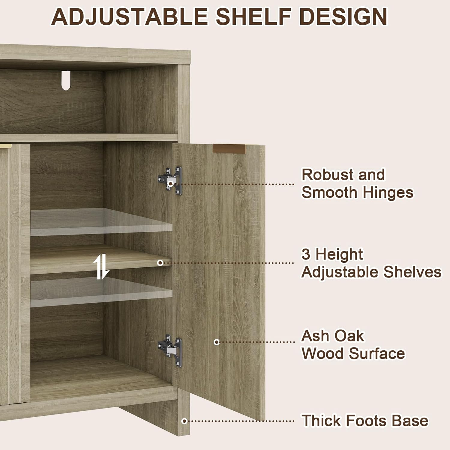 Vabches Oxford Fluted Storage Cabinet, Entertainment Center TV Console for Living Room Bedroom, Accent Cabinet with Doors and Shelves, Large Sideboard Buffet with Adjustable Shelf, Ash Oak